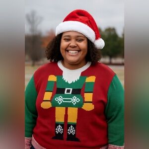 Ugly Christmas Sweater Elf Design - Red, Green, Yellow Crew Neck Festive